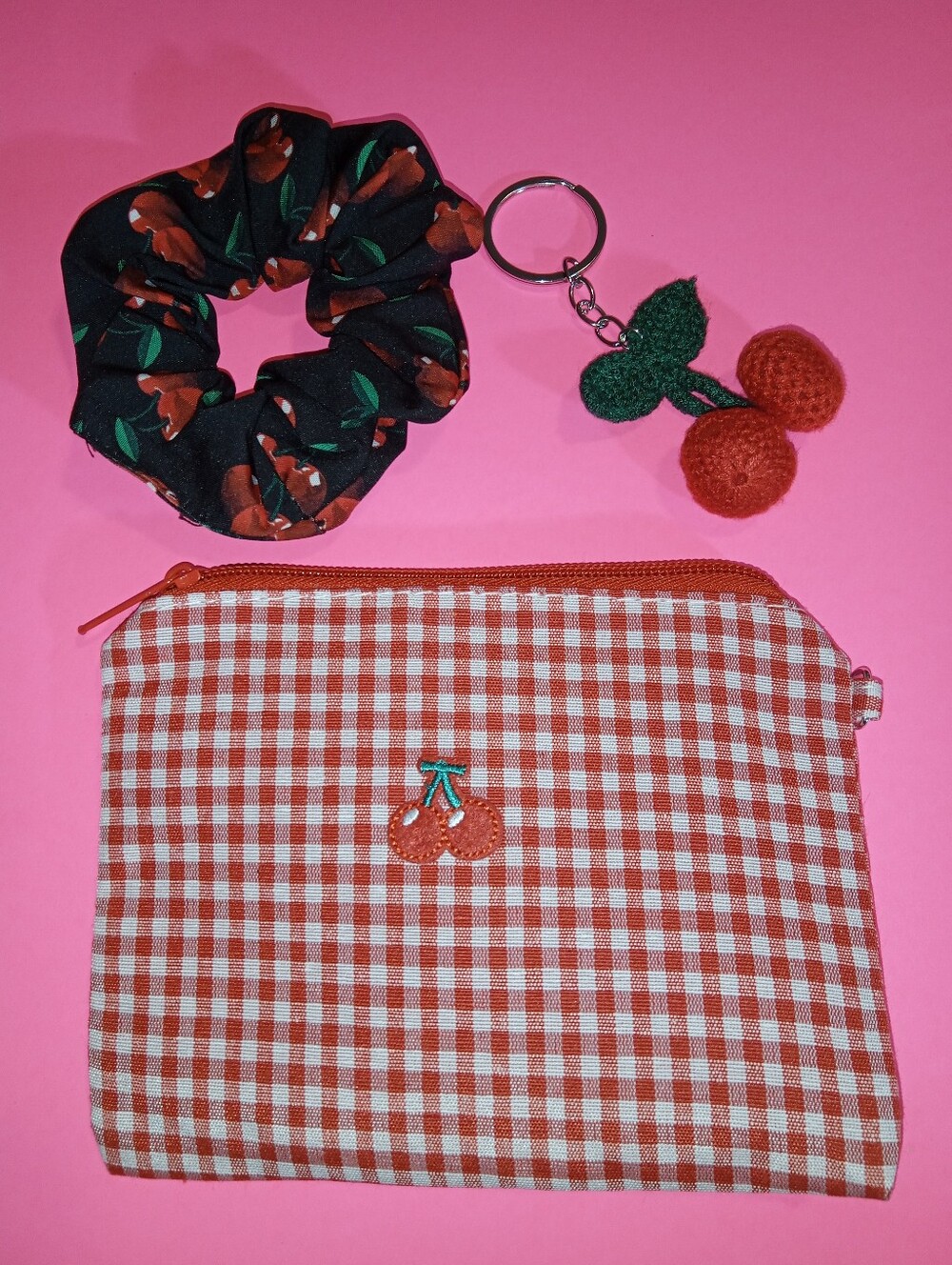 Cherry Gingham Zipper Pouch with Matching Scrunchie and Keychain